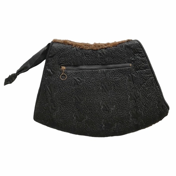 VINTAGE HAND CRAFTED BROWN FUR BLACK EMBROIDERED MUFF HAND WARMER POUCH - OS - Picture 2 of 9
